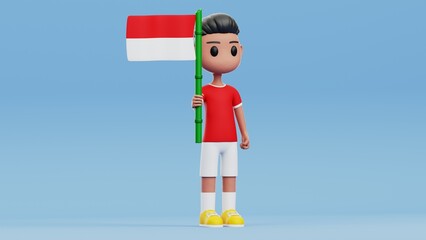 3D Rendering Character Holding Indonesian Flag