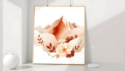 Watercolor minimalist landscape with orange and beige mountains or hills, with small white flowers or plants in the foreground