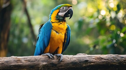 A Blue-and-yellow Macaw perched on a fallen log, its eyes focused on something in the distance.