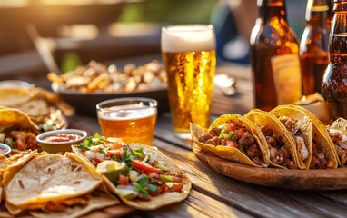 Outdoor fiesta with tacos and beer, showcasing a delicious and appetizing Mexican cuisine spread in a sunny and relaxing setting.