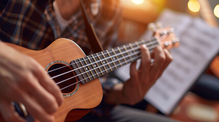 Obraz premium Medium close-up of someone strumming a ukulele, with sheet music in the background.