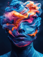 Vibrant paint swirling on mannequin head in digital art