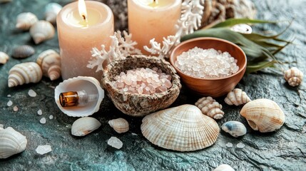 A calming spa display with natural sea elements like shells, seaweed, and bath salts, arranged with candles and a small bowl of essential oil on a stone background.
