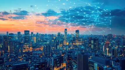 Fototapeta premium A vibrant smart city with digital network overlays, clear copy space, no people.