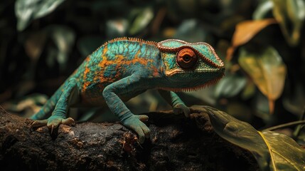 Obraz premium A Chameleon Panther hunting for insects, its eyes focused intently on its prey.