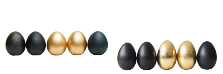 Golden decorated Easter eggs stand in a row on white background. Happy Easter card with copy space. Top view, flatlay.