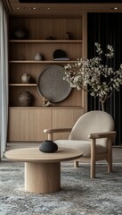 Minimalist Interior Design Living Room with Oak Furniture, Armchair, and Decor Accessories
