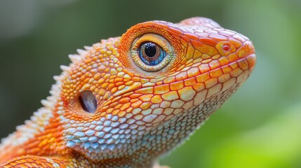 Obraz premium A close-up of a Common Green forest lizard's head, showcasing its intricate scales and striking orange hue.