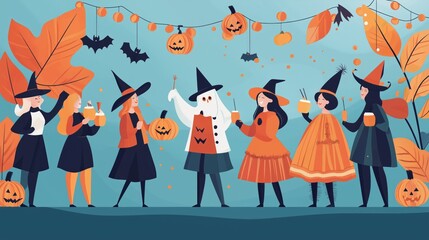 Group of people celebrating Halloween with costumes and decorations, vibrant autumn colors.