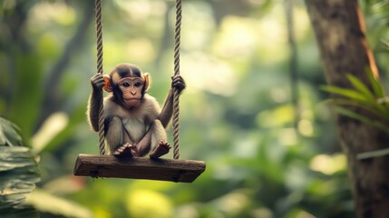 Adorable monkey swinging joyfully on a wooden swing, surrounded by lush greenery. Copy space, no people, playful vibe.