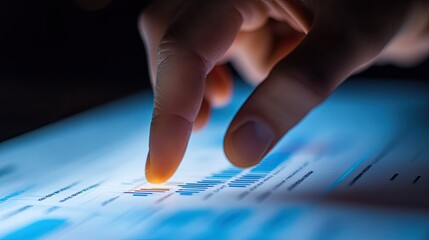 A close-up of a hand pointing at a specific data point on a business graph, highlighting a key trend or insight.