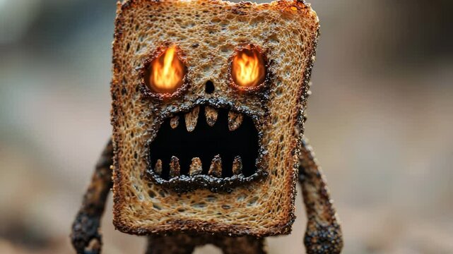 Scary toast monster with fiery eyes making a spooky face, perfect for Halloween and horror concept themes