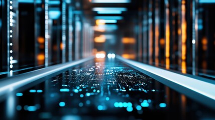 Futuristic Data Center Corridor with Glowing Servers and High-Tech Digital Interface
