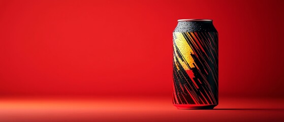 Modern energy drink can with vibrant red and black design against a red background, exemplifying dynamic and refreshing beverage packaging.