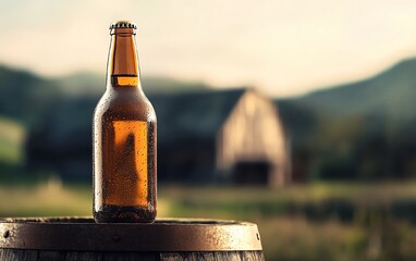 Close-up of a beer bottle on a wooden barrel in a rustic outdoor setting with a barn in the background at sunset.
