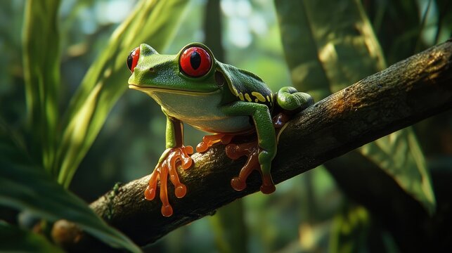 A close-up of a Red-eyed tree frog perched on a branch, its vibrant green skin and striking red eyes contrasting against the lush rainforest foliage.