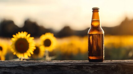 Bottle of beer on a wooden railing with sunflowers in the background during a golden sunset.