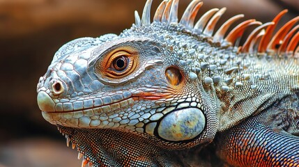 Fototapeta premium A close-up of an iguana's face, showcasing its spiny crest and piercing eyes.