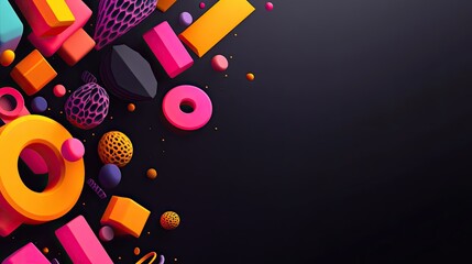 Obraz premium Bright and bold 3D abstract design with colorful elements and a dark backdrop. Space for copy on the right.