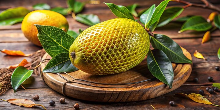 A photo image of a vibrant yellow-green, oval-shaped jocote fruit with intricate netting on its skin, resting on a rustic wooden cutting board amidst leaves and twigs.