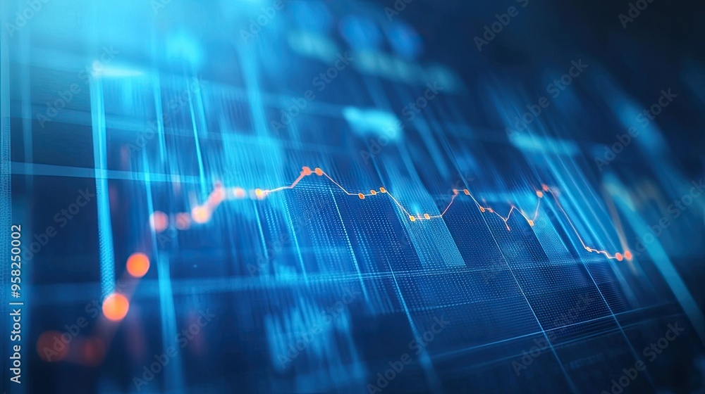 Poster business graph lines and data points on a digital screen, with plenty of copy space on the left.