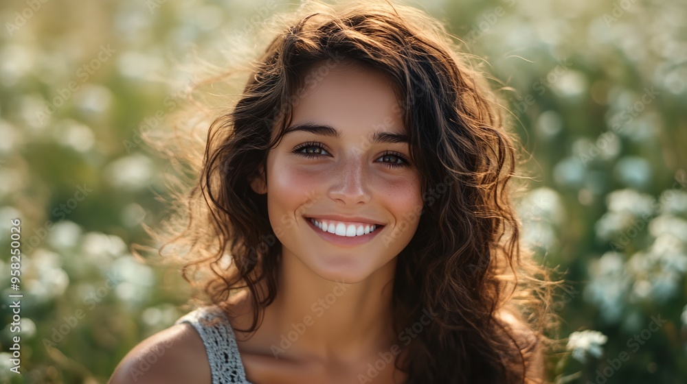 Poster a woman with long hair smiling in a field of flowers