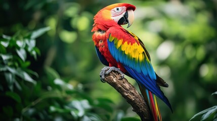 Obraz premium A colorful parrot perched on a branch, its vibrant plumage contrasting with the lush green foliage.
