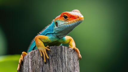 Obraz premium A Common Green forest lizard basking in the sun on a wooden pole, its vibrant, gradient-colored skin and orange head gleaming.