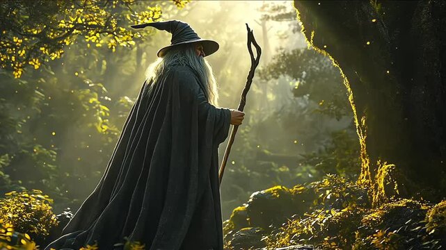 Wise and powerful wizard with long white beard and pointed hat stands in a mystical forest, surrounded by ancient trees and shimmering magical lights.