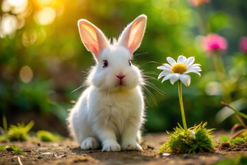 Fototapeta premium The albino bunny stands calmly beside a vibrant flower, its beady eyes focused intently on the bloom as it takes in its surroundings.