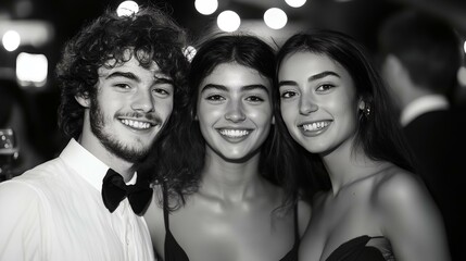 Obraz premium a group of people standing next to each other at a party with lights in the background