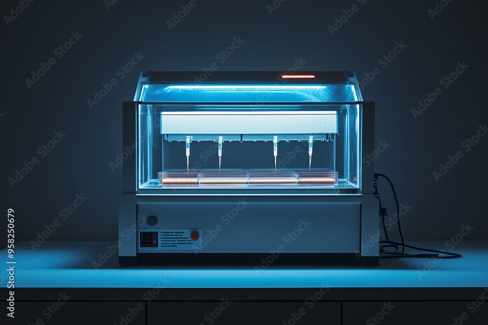 Poster automated laboratory machine with pipettes and sample plates