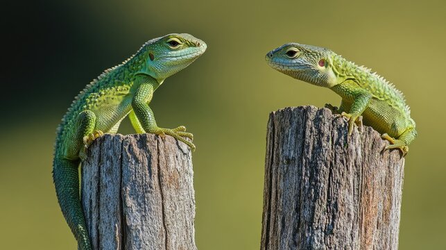 A Common Green forest lizard interacting with another lizard on a wooden pole, displaying territorial or courtship behaviors.