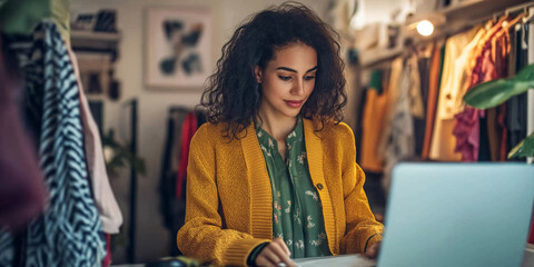 Fototapeta premium A woman in a yellow sweater is sitting at a desk with a laptop open. She is smiling and she is enjoying her work