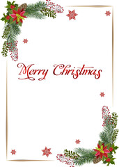 Postcard with Christmas decor.Color vector illustration of a Christmas card with frame and text.