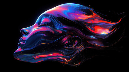 Obraz premium Close-up of rainbow-colored holographic liquid metal human head against black background, showcasing an abstract distorted futuristic fluid organic form.