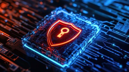 Futuristic Cybersecurity Concept with Digital Shield and Key Symbol on Circuit Board Background