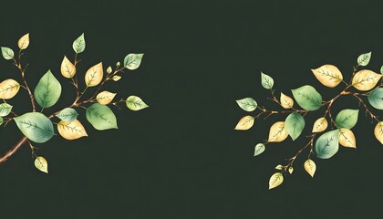 Delicate branches with soft yellow flowers and green leaves framing a white background