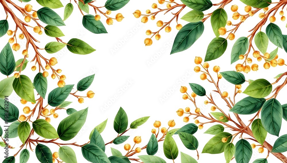 Wall mural delicate branches with soft yellow flowers and green leaves framing a white background