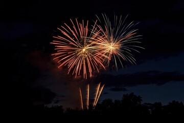 Fireworks on the dark sky background. Colorful fireworks from Loto Quebec in Quebec, Canada. Abstract colored firework background with free space for text. fireworks light up the night sky , ai