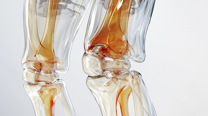 Translucent 3D Model of Human Skeleton with Close-Up Focus on Knee Joint, Highlighted Muscles in Red, Anatomical Illustration with Transparent Bones on White Background, Minimalistic Design Rotated at