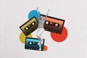 Creative collage young cheerful girl cassette vintage meloman stereo tapes leisure entertainment...