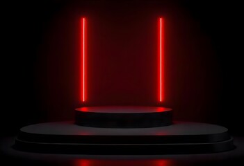 A black circular platform with a glowing red ring around the edge, against a dark background