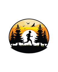 A silhouette of a person jogging in a park at sunrise, framed by trees and a vibrant orange sky.