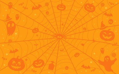 Halloween orange background vector design. Spooky ghost and halloween elements on spider web background
