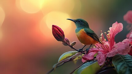 Fototapeta premium A Green-tailed sunbird perched on a fallen azalea Phohodendron flower, its small form dwarfed by the larger bloom.