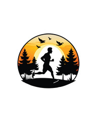 A silhouette of a person jogging in a park at sunrise with birds flying overhead and pine trees in the background.