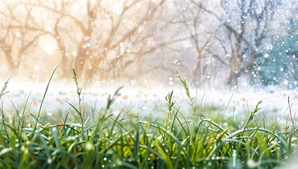 Illustration close-up of green grass with falling snow and winter scene trees.