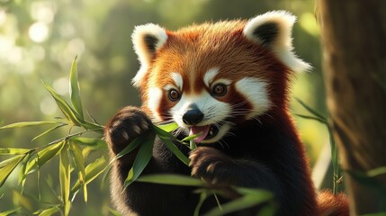 Obraz premium A Himalayan red panda eating bamboo shoots, its nimble paws tearing into the stalks.