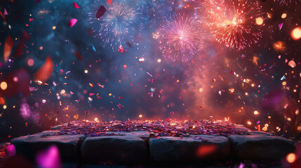 empty stone plattform for product advertising and placement with a festive fireworks and confetti background